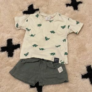 Zara green shorts and matching dinosaur shirt, 12 months